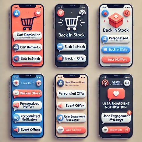 DALL·E 2024-06-21 18.29.33 - Create an image displaying push notifications on smartphones. Show multiple examples side by side on different iPhones. Examples of notifications incl
